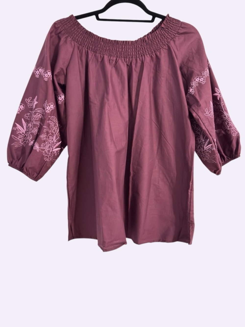 Serra Burgundy Off Shoulder Embroidered Peasant Blouse Cotton Size L Boho - Picture 2 of 8